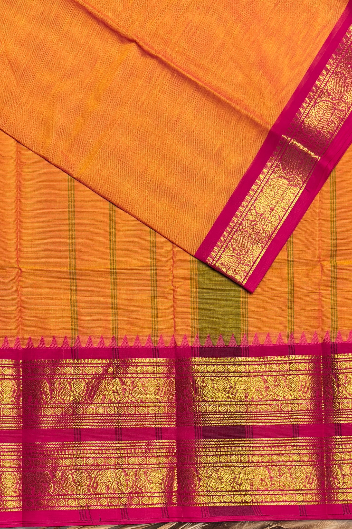 Meenakshi -Premium Kanchi Cotton Saree - Mango Yellow with Rose| MCK101