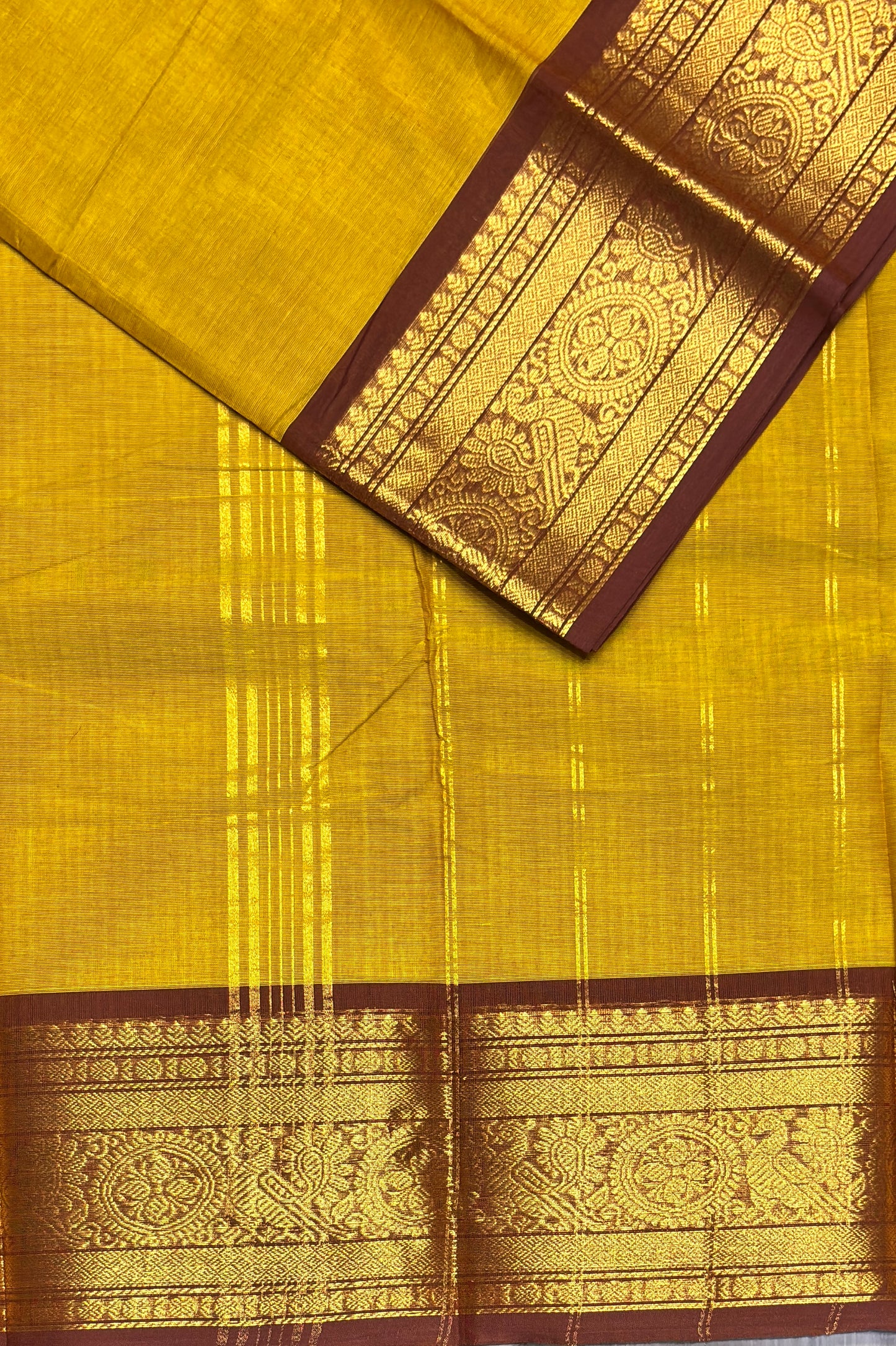 Meenakshi -Premium Kanchi Cotton Saree - Lemon Yellow with Coffee | MCK118