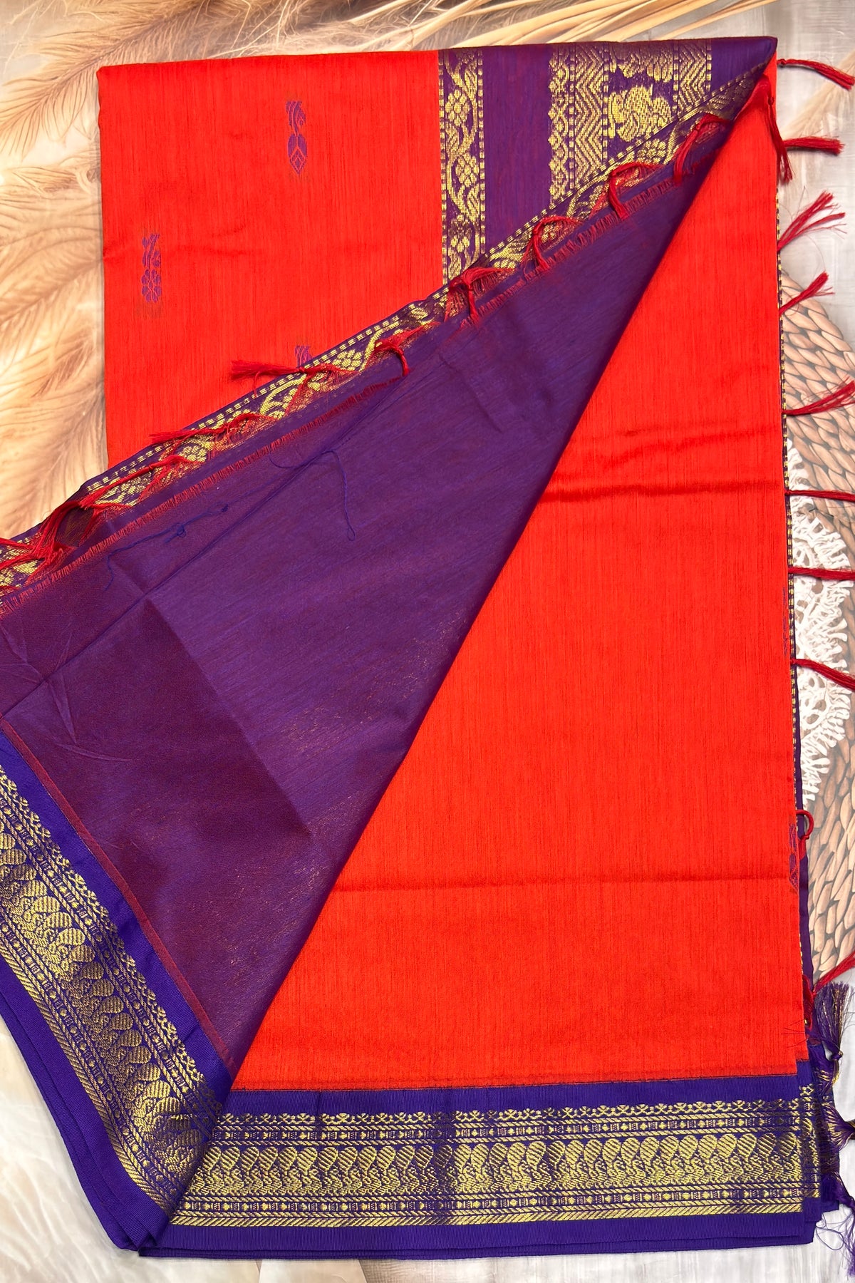 Kalyani Cotton Butta | Orange with Violet |KCBU10