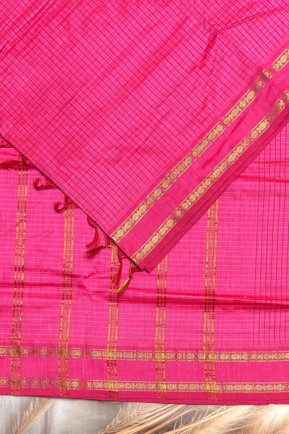 Premium Gadwal Cotton Saree – Vintage Checks With Rettapet Border | Rose | MGC23