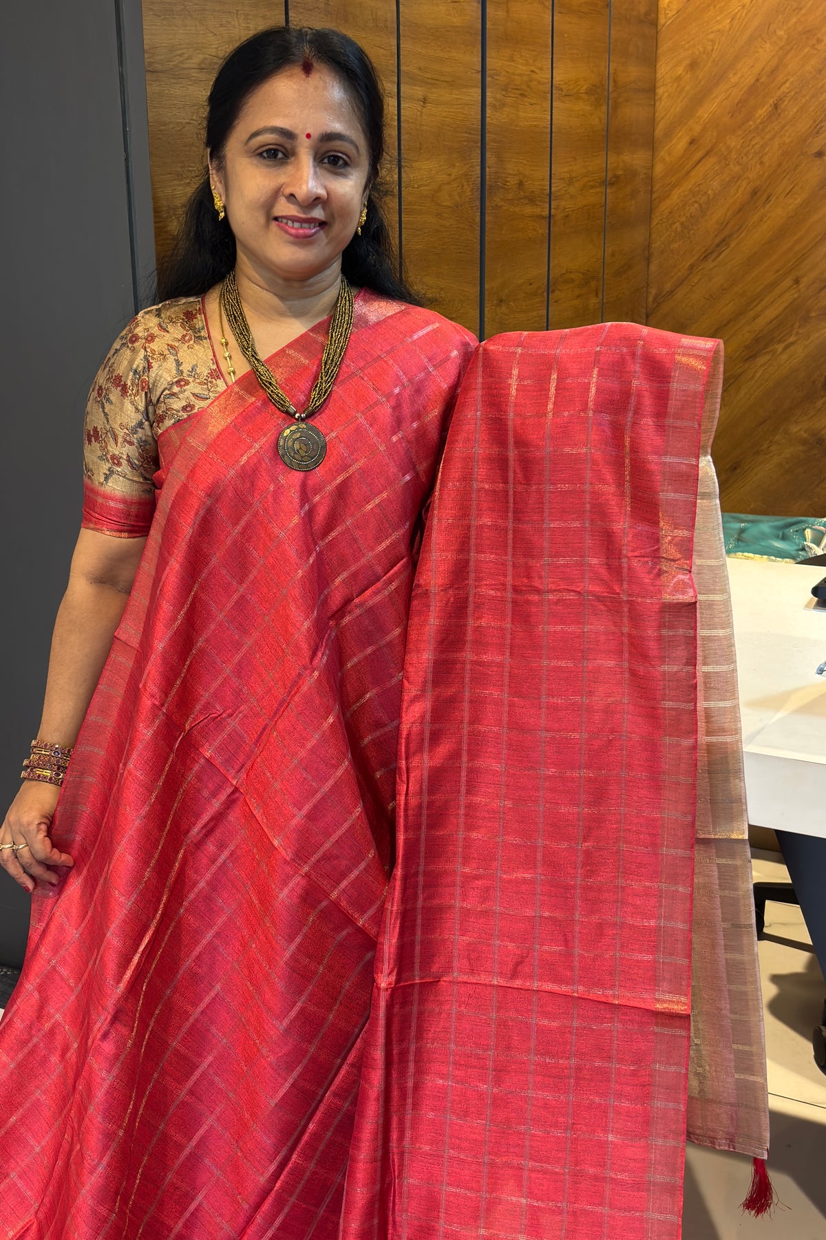 Matka Tussar Silk- Tomato Red with Gold-MBSP05