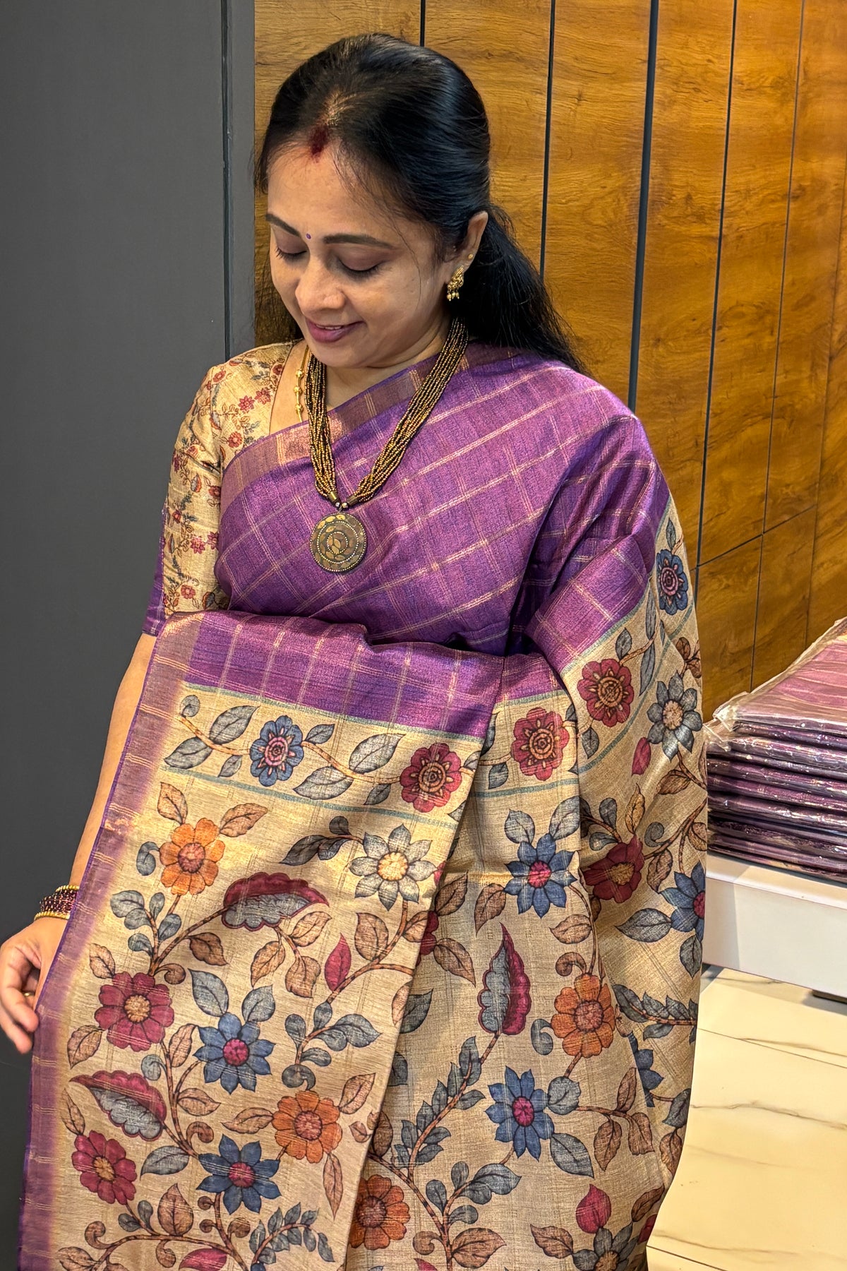 Matka Tussar Silk- Purple Dual Tone with Gold-MBSP06