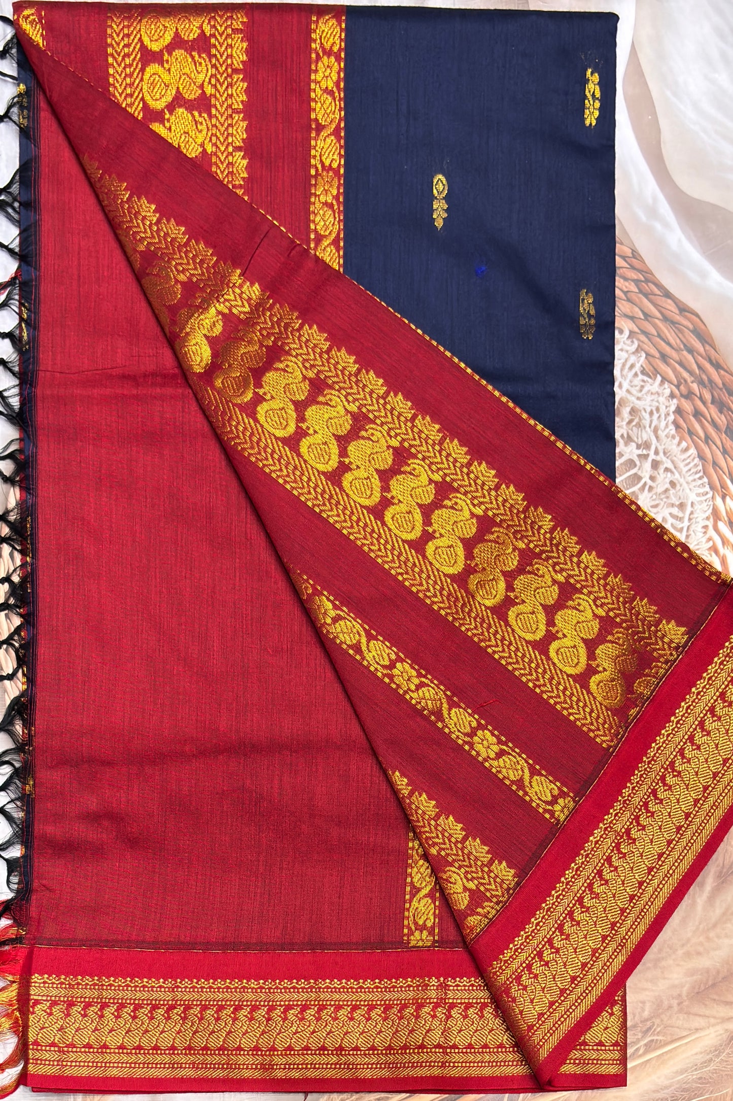 Kalyani Cotton Butta | Navy Blue With Red | KCBU08