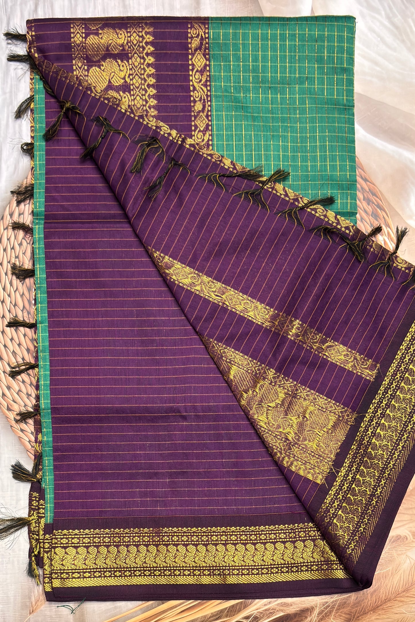 Kalyani Cotton Checks |Rama Green With Purple | KCCH29