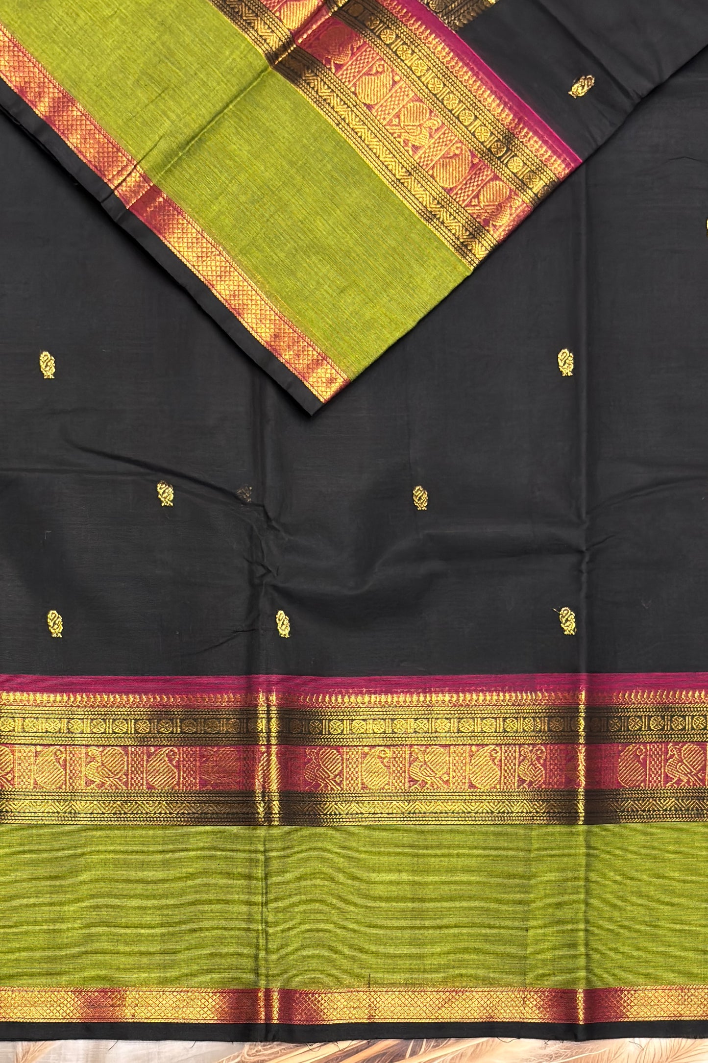 Meenakshi -Premium Kanchi Cotton Saree– Black with Parrot Green| MCK69