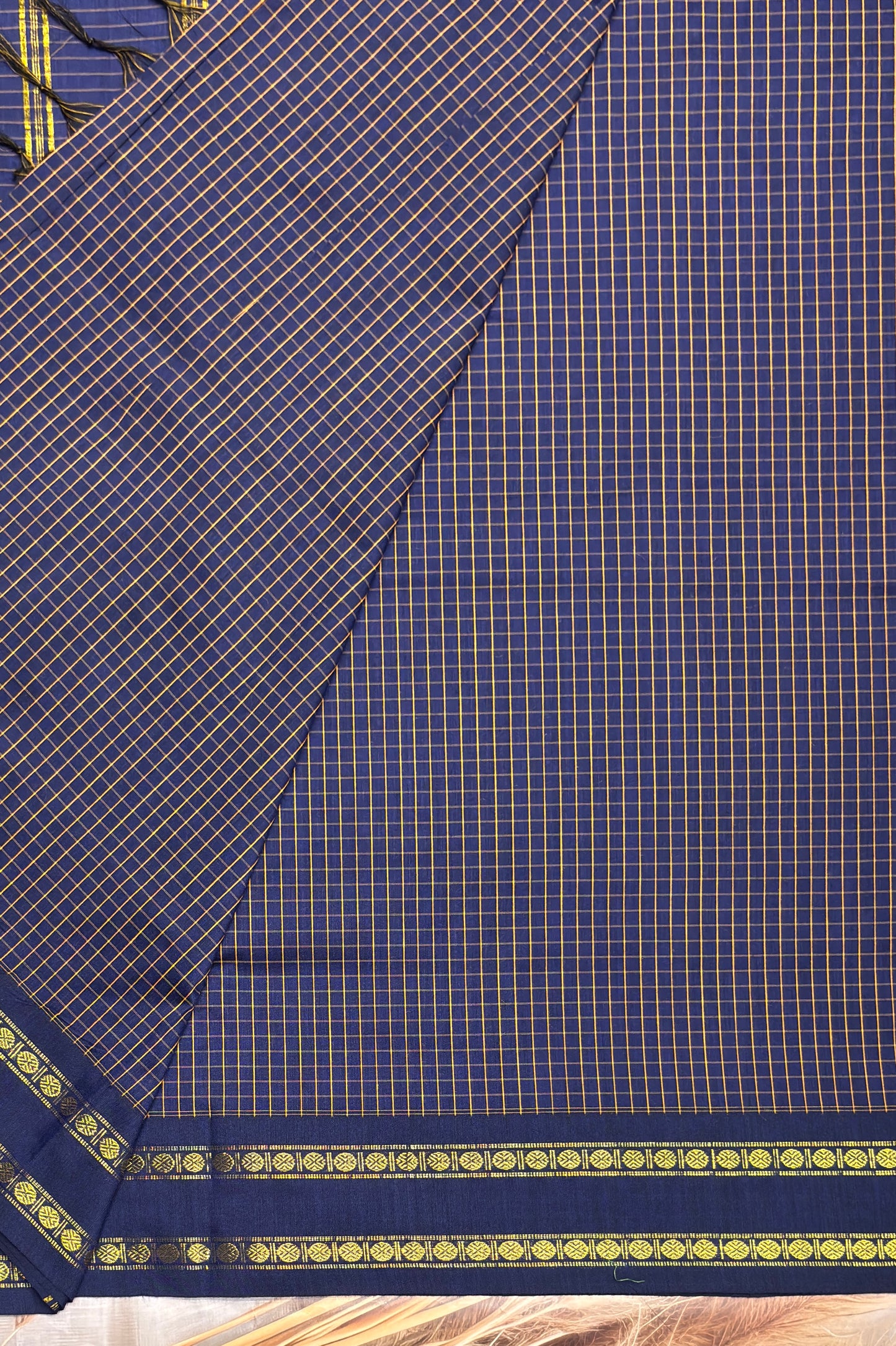 Premium Gadwal Cotton Saree – Vintage Checks With Rettapet Border | Navy Blue | MGC20