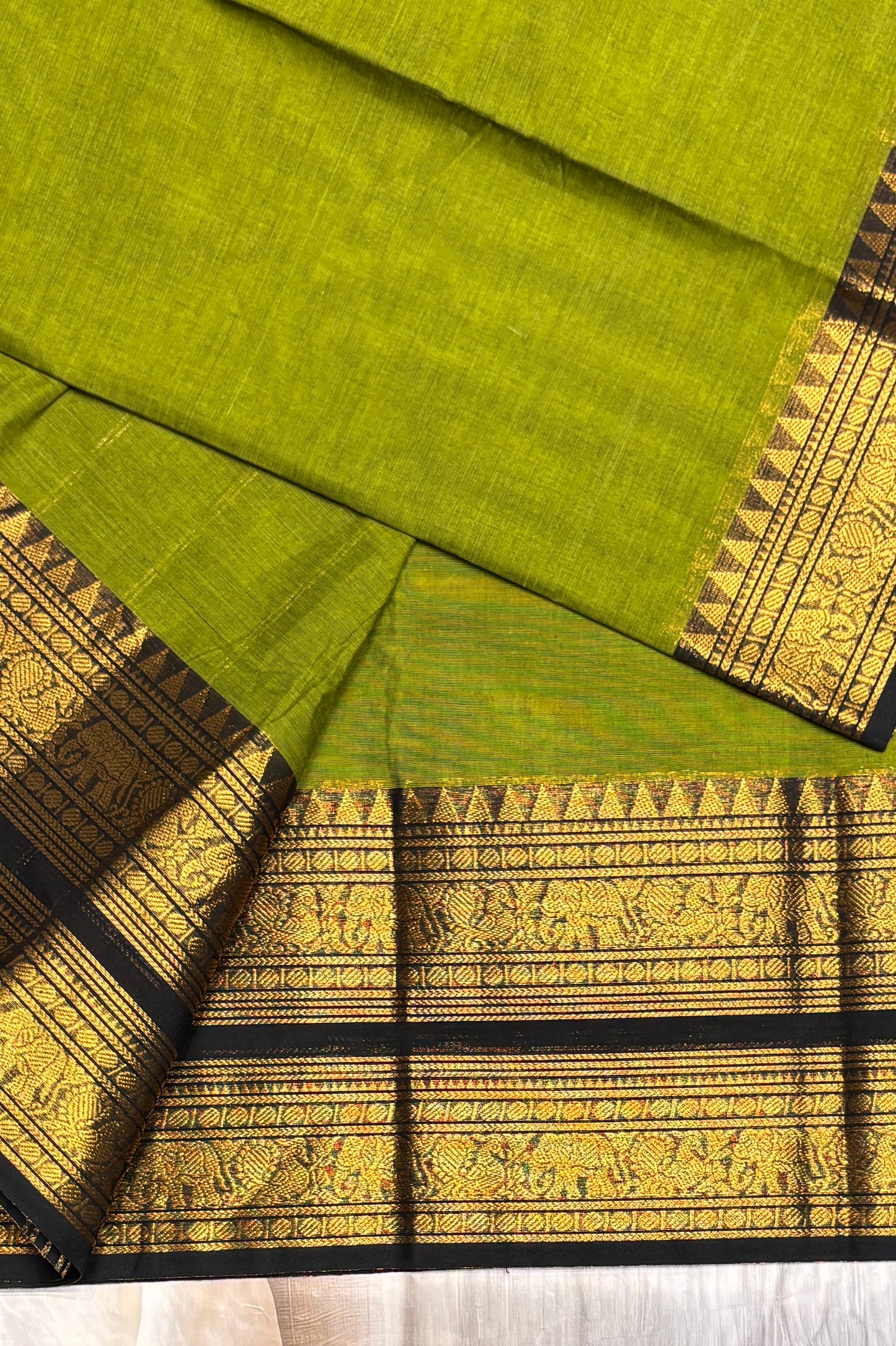 Meenakshi -Premium Kanchi Cotton Saree–Mehendi Green With Black | MCK86