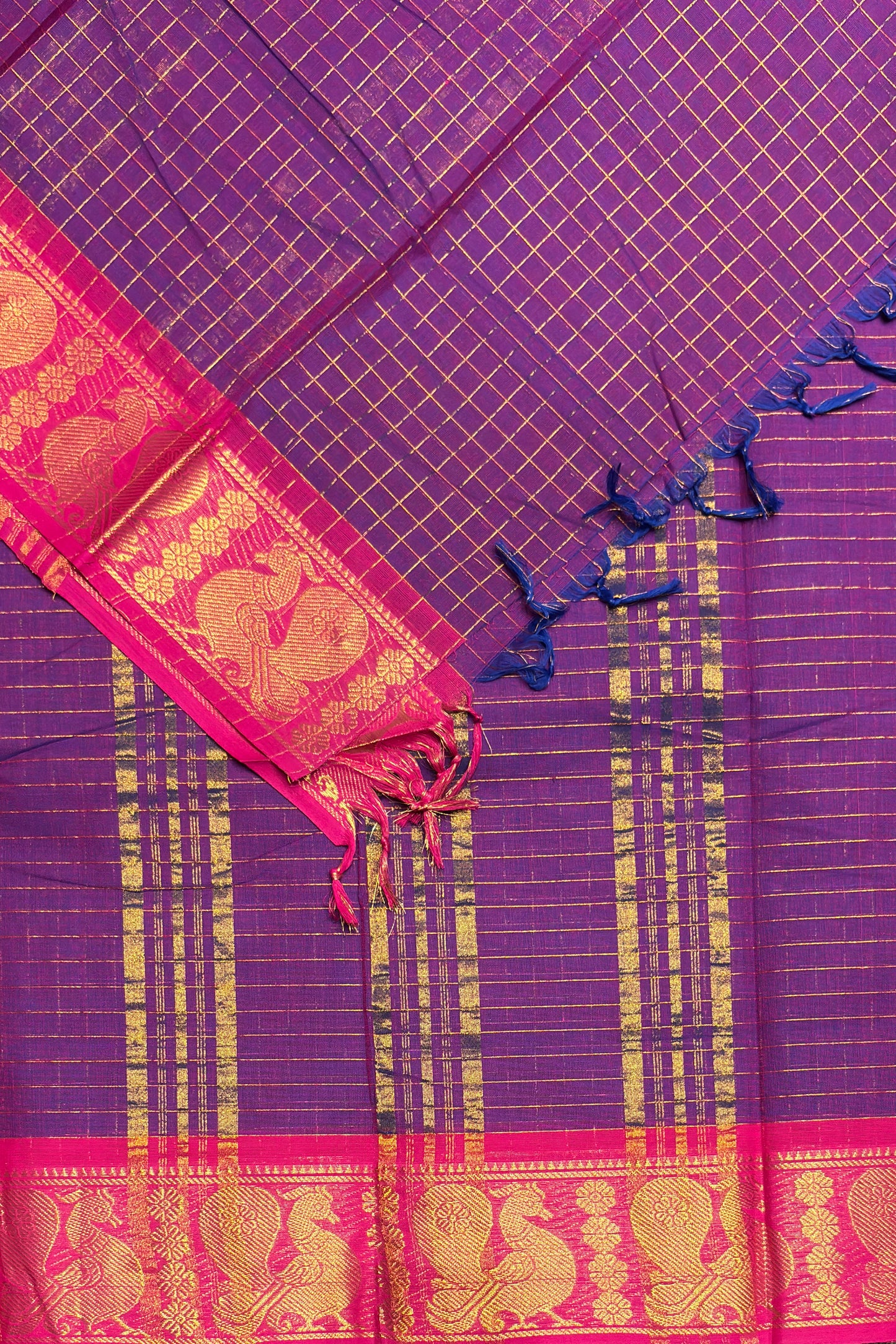 Meenakshi Premium Chettinad Cotton Saree – Zari Checks | Violet With Rose| MCK95