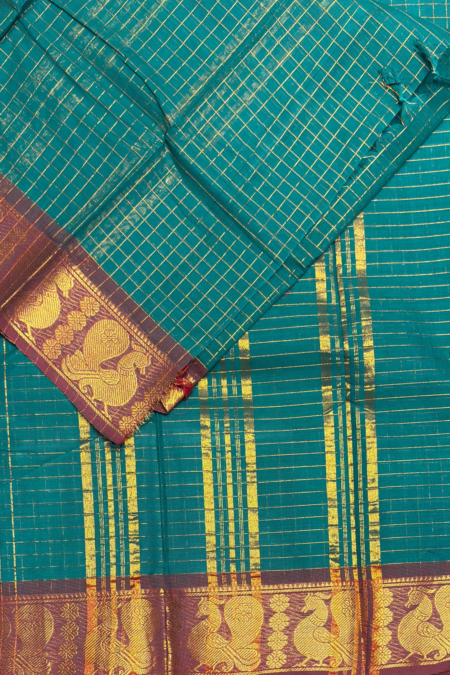 Meenakshi Premium Chettinad Cotton Saree – Zari Checks | Rama Green With Maroon| MCK98
