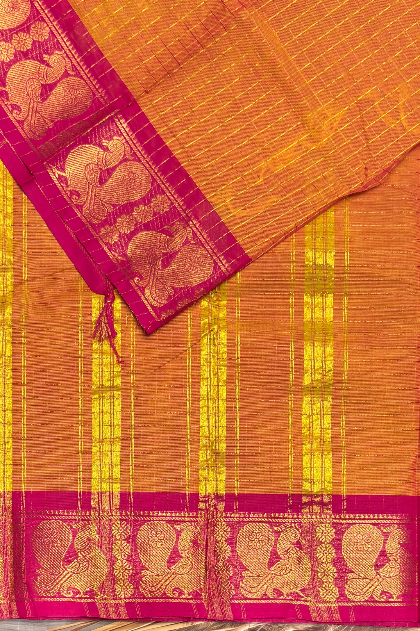 Meenakshi Premium Chettinad Cotton Saree – Zari Checks | Mango Yellow with Rose| MCK97