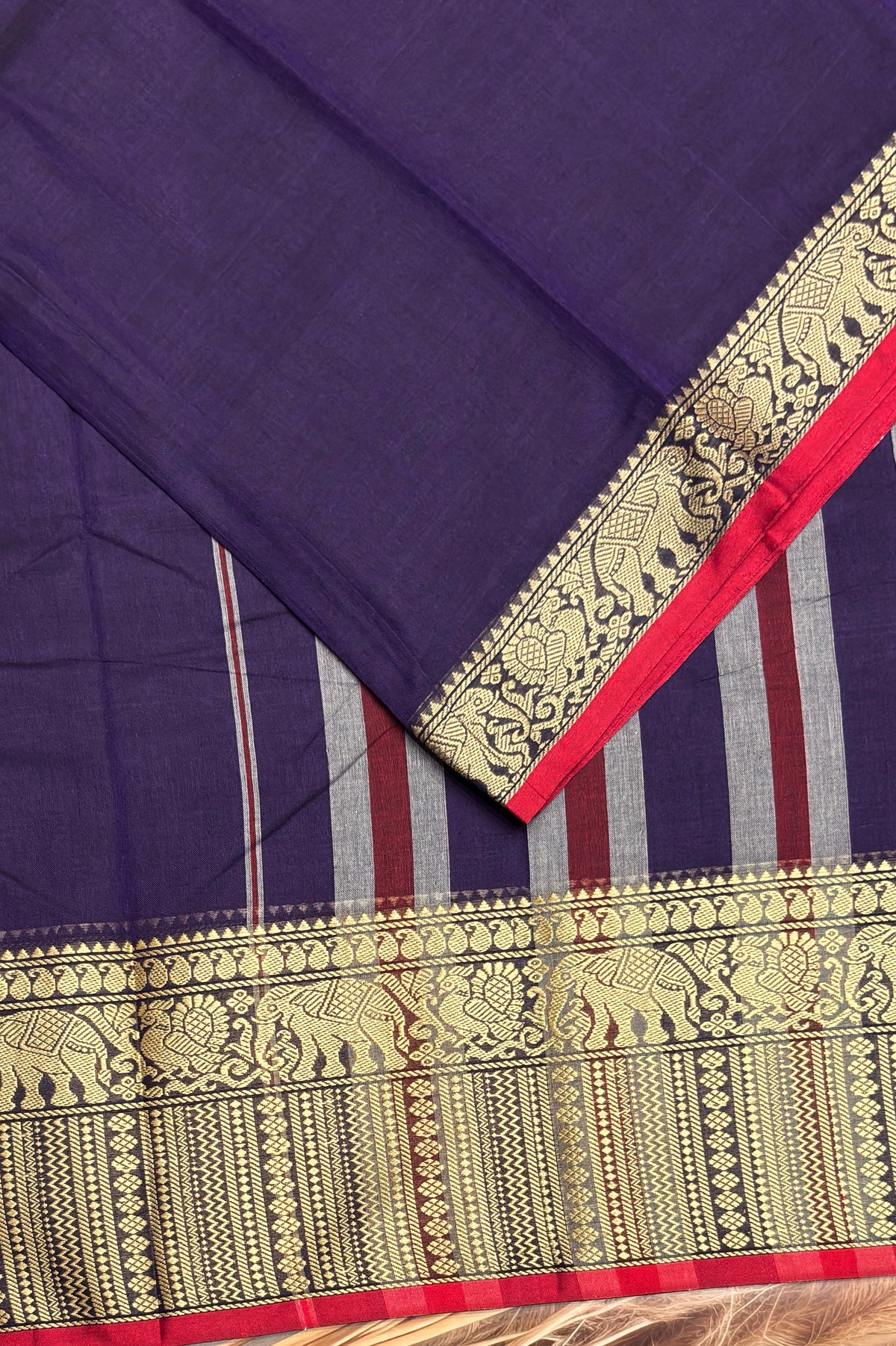 Narayanpet Cotton Saree – Elephant Thread Weave Border with Striped Pallu-MNC11-Violet