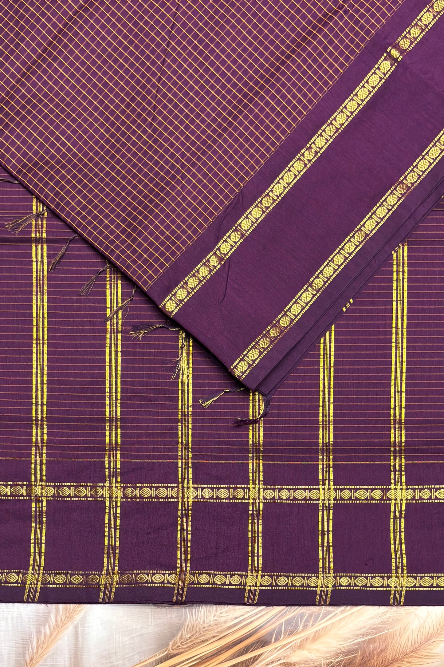 Premium Gadwal Cotton Saree – Vintage Checks With Rettapet Border | Dark Purple| MGC21