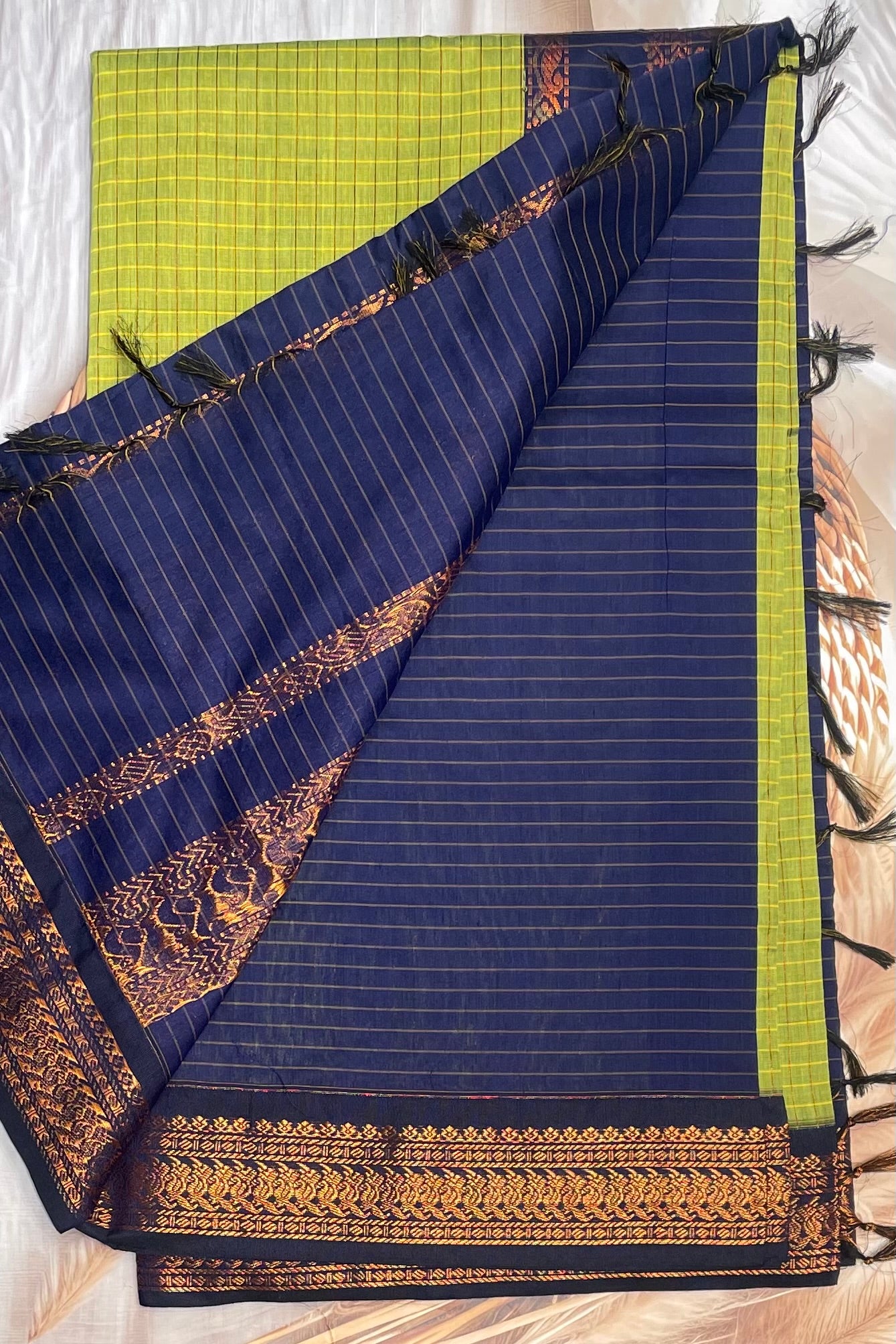 Kalyani Cotton Checks |Lemon Green with Navy | KCCH26