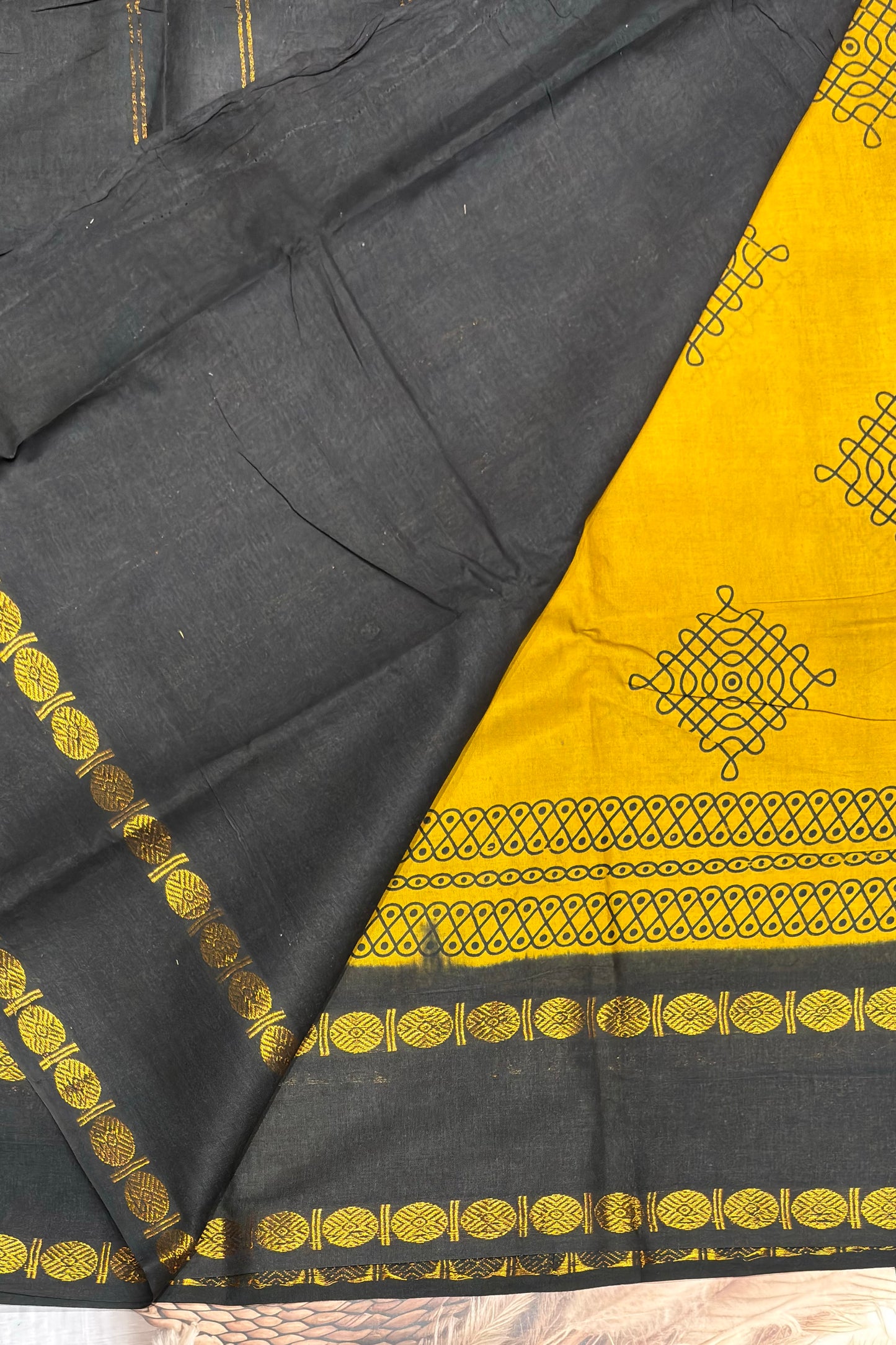 Premium Sungudi Cotton Saree – Kolam Prints- Mustard with Black Contrast Rettapet Border | SC23