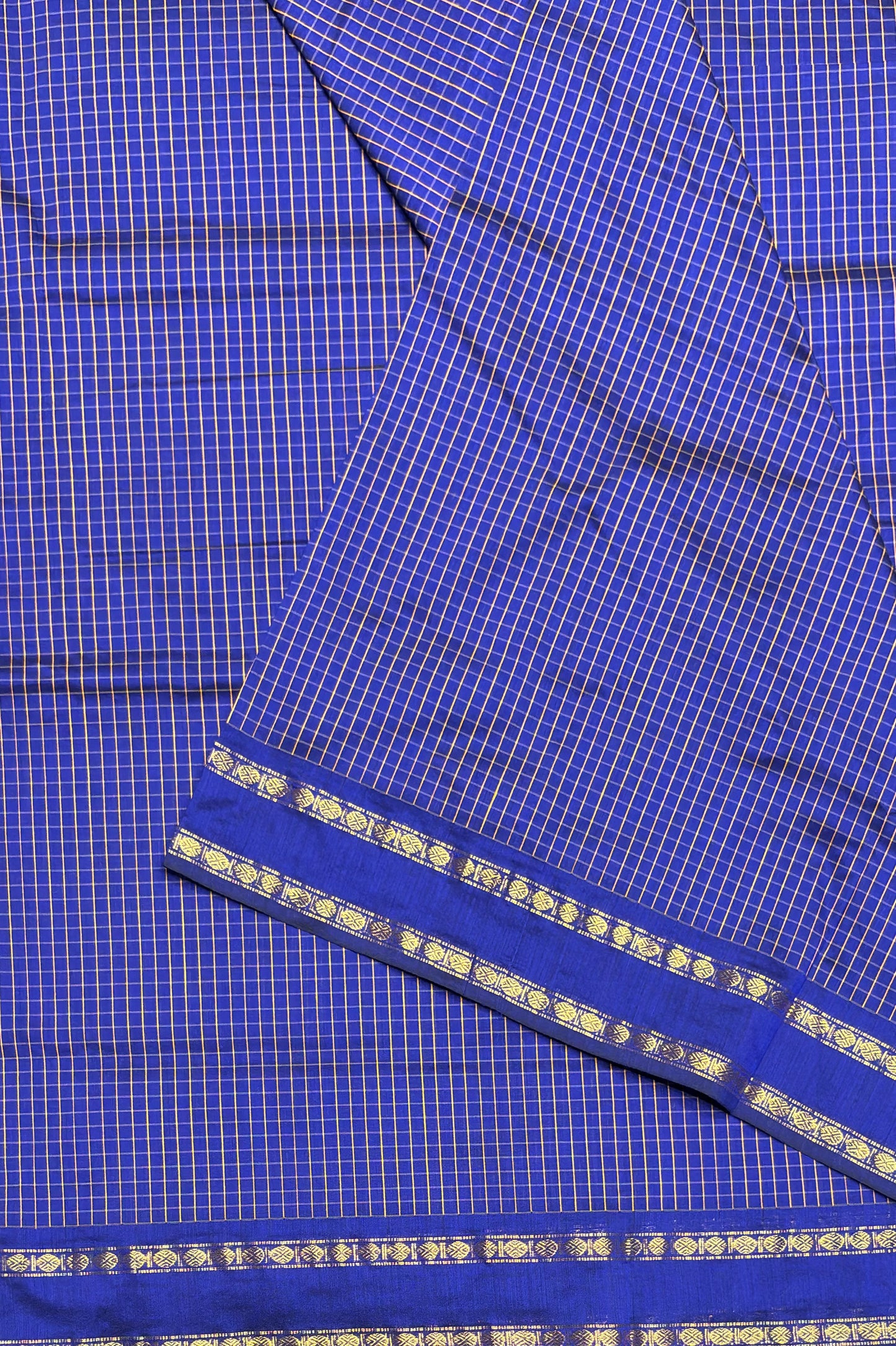 Premium Gadwal Cotton Saree – Vintage Checks With Rettapet Border | R Blue | MGC02