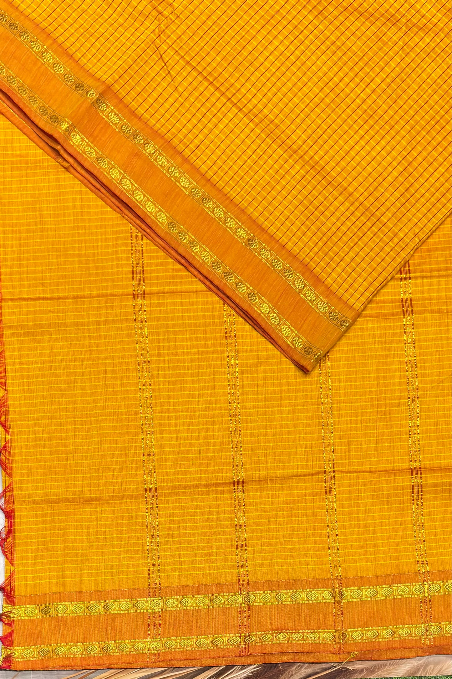 Premium Gadwal Cotton Saree – Vintage Checks With Rettapet Border | Yellow| MGC05