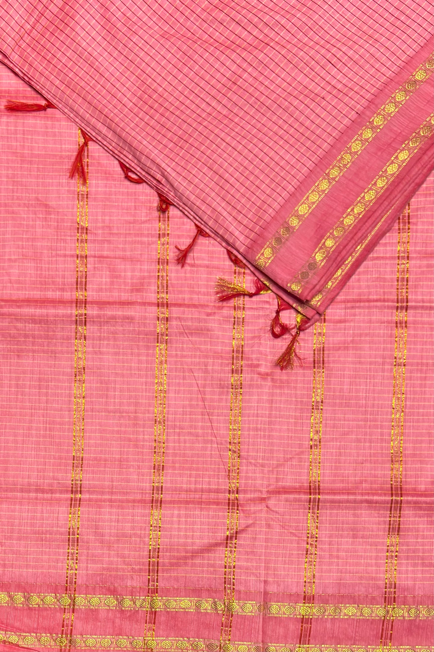 Premium Gadwal Cotton Saree – Vintage Checks With Rettapet Border | Pink | MGC07