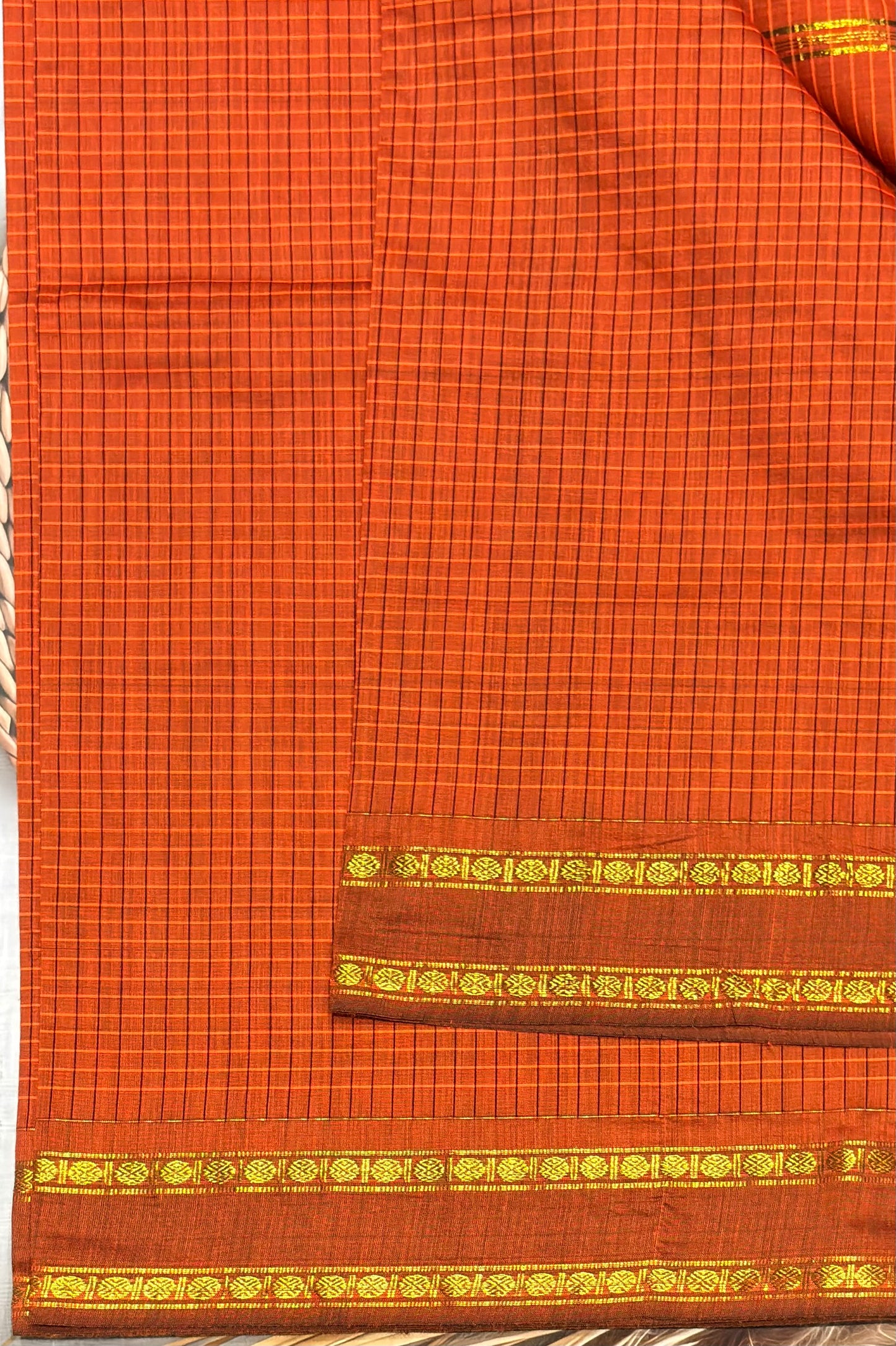 Premium Gadwal Cotton Saree – Vintage Checks With Rettapet Border | Rust Orange | MGC16