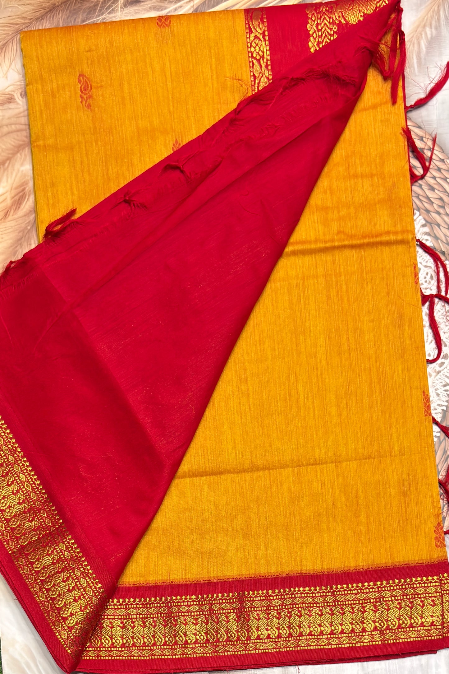 Kalyani Cotton Butta | Mustard Yellow with Red| KCBU32
