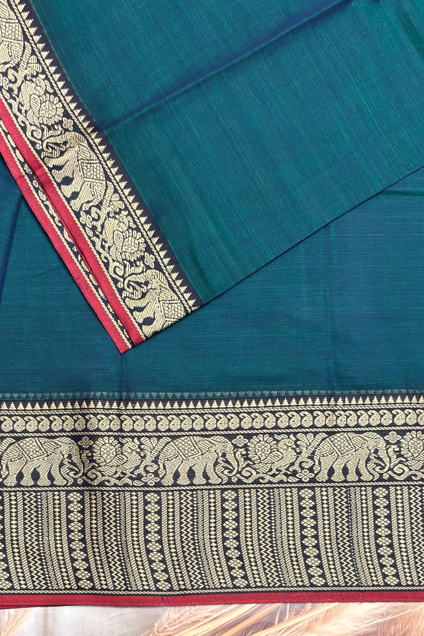 Narayanpet Cotton Saree – Elephant Thread Weave Border with Striped Pallu-MNC01 - Peacock Blue (Dual Tone)
