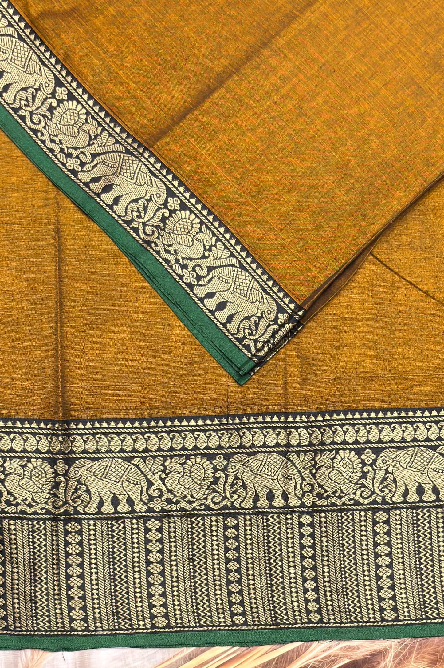Narayanpet Cotton Saree – Elephant Thread Weave Border with Striped Pallu-MNC06-Mustard