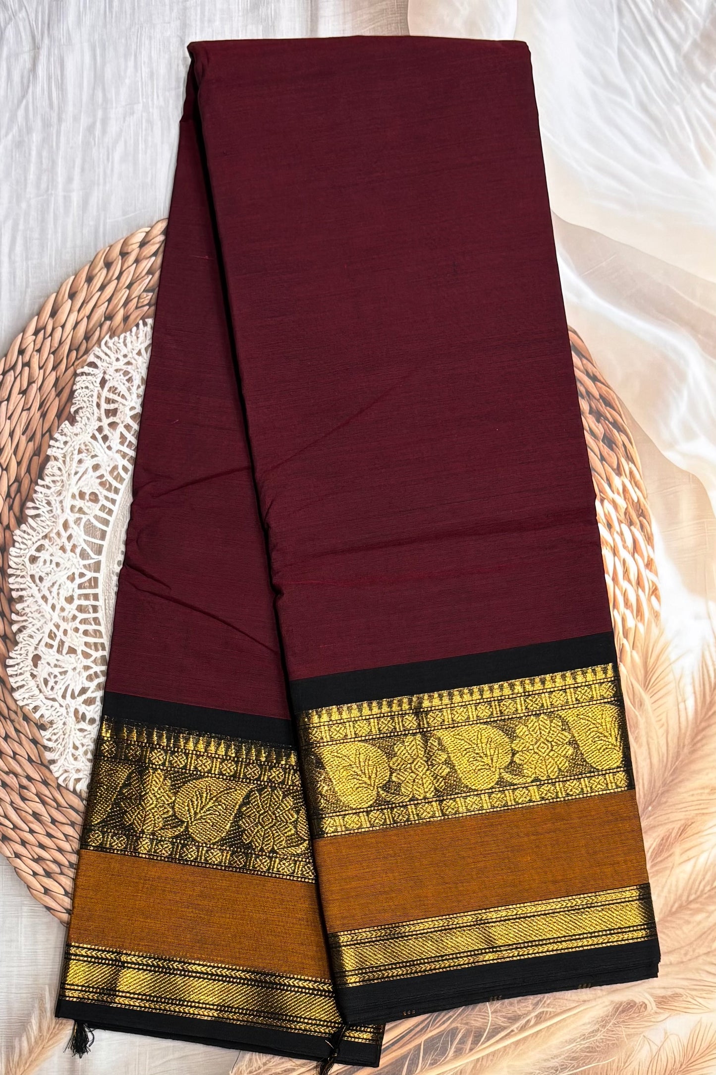 Meenakshi -Chettinad Cotton | Maroon with Mustard and Black Retta Pet Border | MCK02