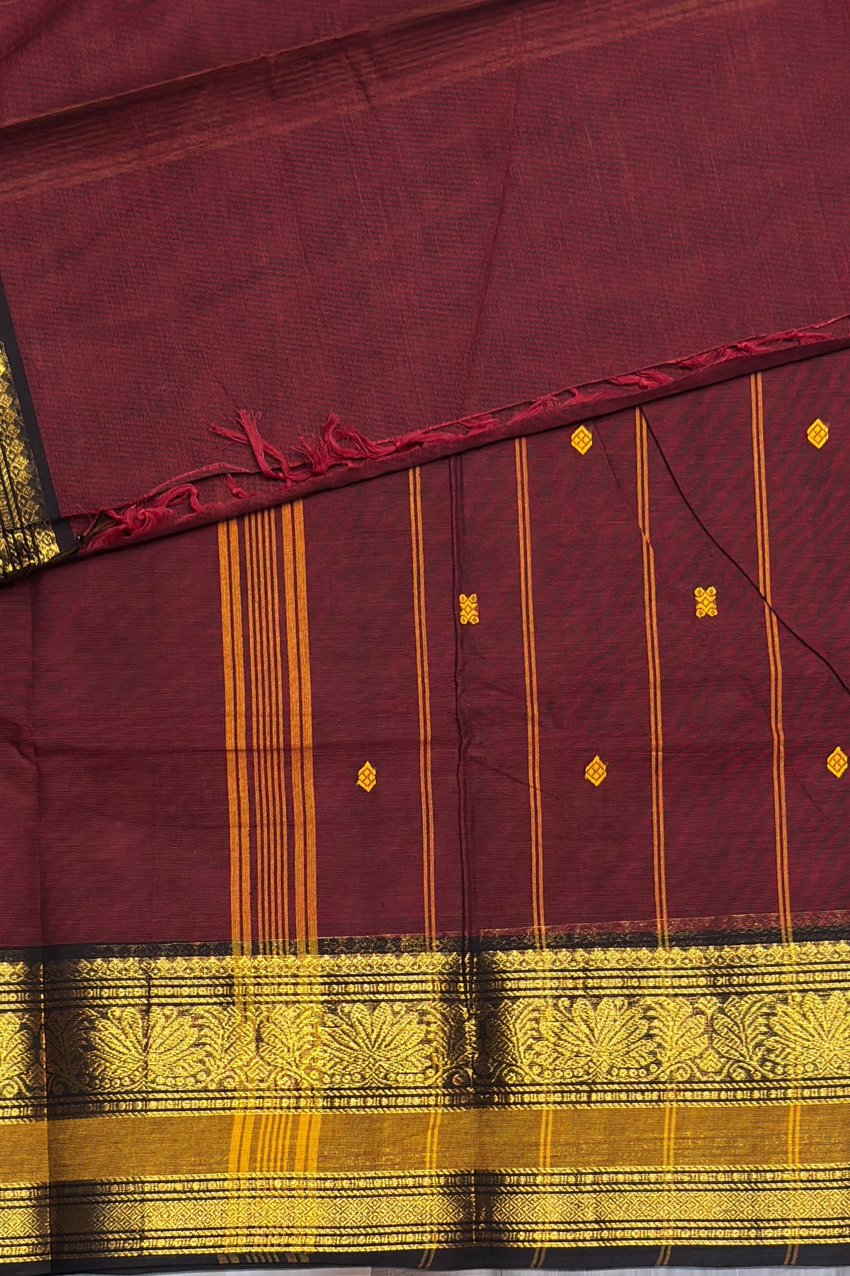Meenakshi -Premium Kanchi Cotton Saree - Maroon with Mustard & Black| MCK123