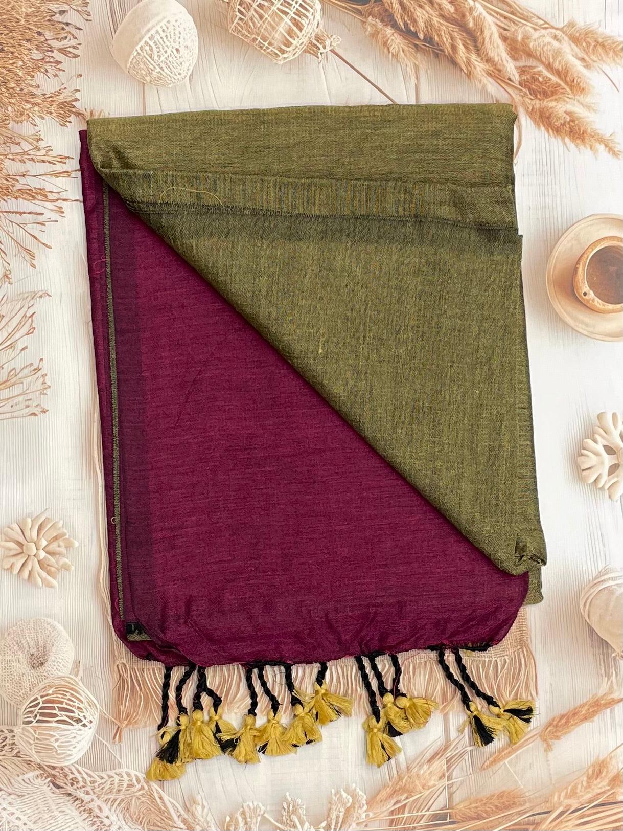 Handloom Kadhi Contrast Saree-Khaki Magenta -MB-KD-CON-04 - Manju Boutique