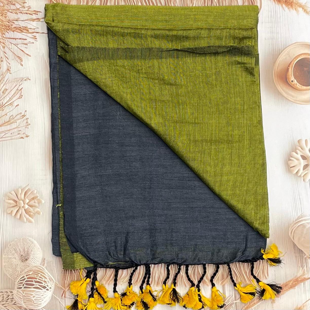 Handloom Kadhi Contrast Saree-Green Grey-MB-KD-CON-10 - Manju Boutique