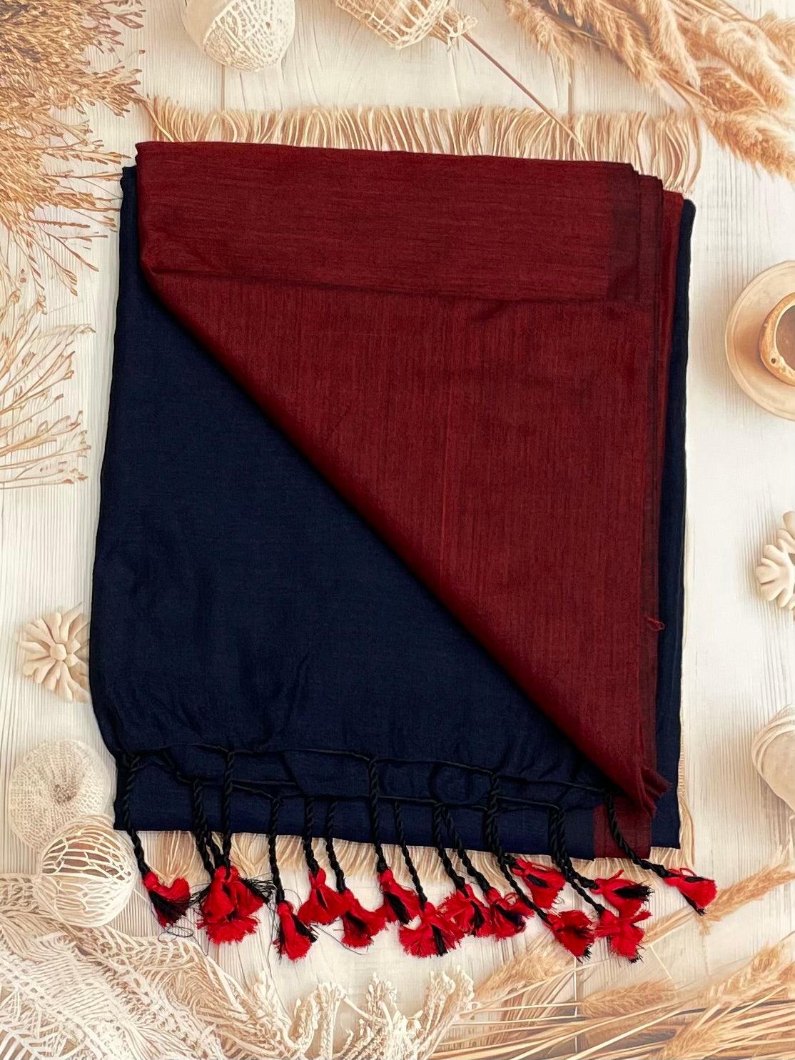 Handloom Kadhi Contrast Saree- Maroon Navy-MB-KD-CON-12 - Manju Boutique