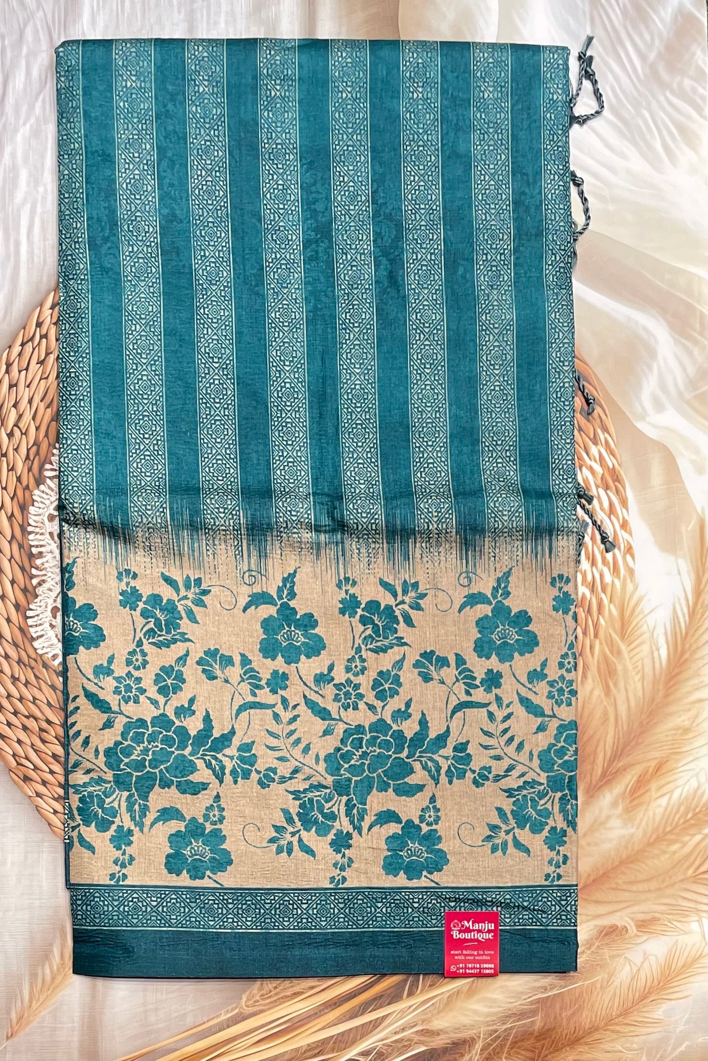 Printed Semi Tussar Silk-Peacock Blue | MBCC20