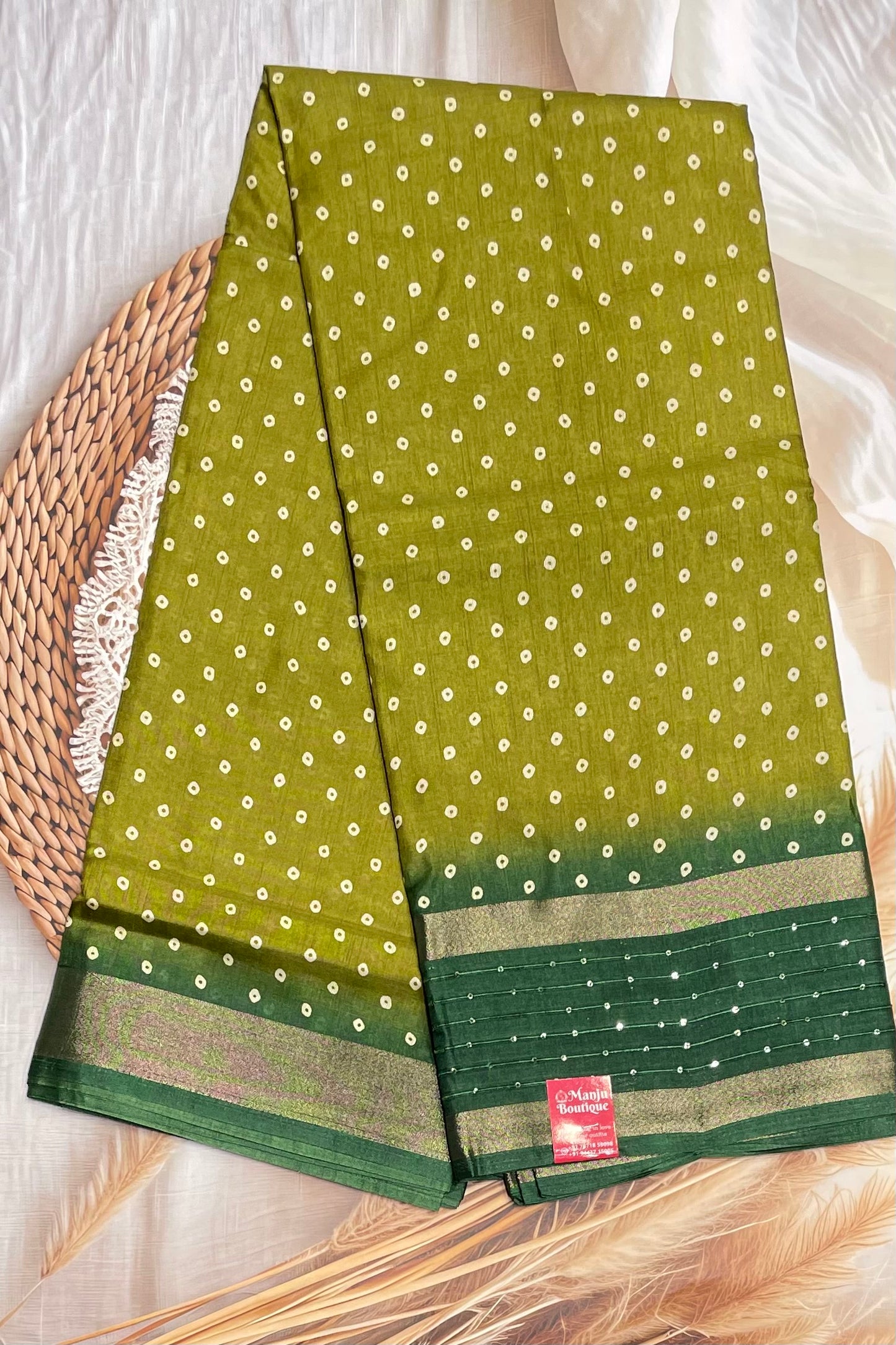 Premium Sequins Dola Silk Saree in Mehendi Green β Elegant, Lightweight, and Shimmering Design | Manju Boutique