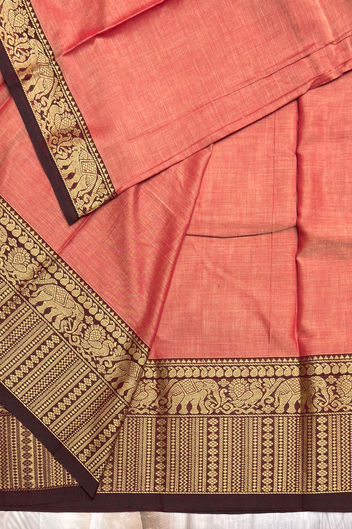 Narayanpet Cotton Saree – Elephant Thread Weave Border with Striped Pallu-MNC09-Peach