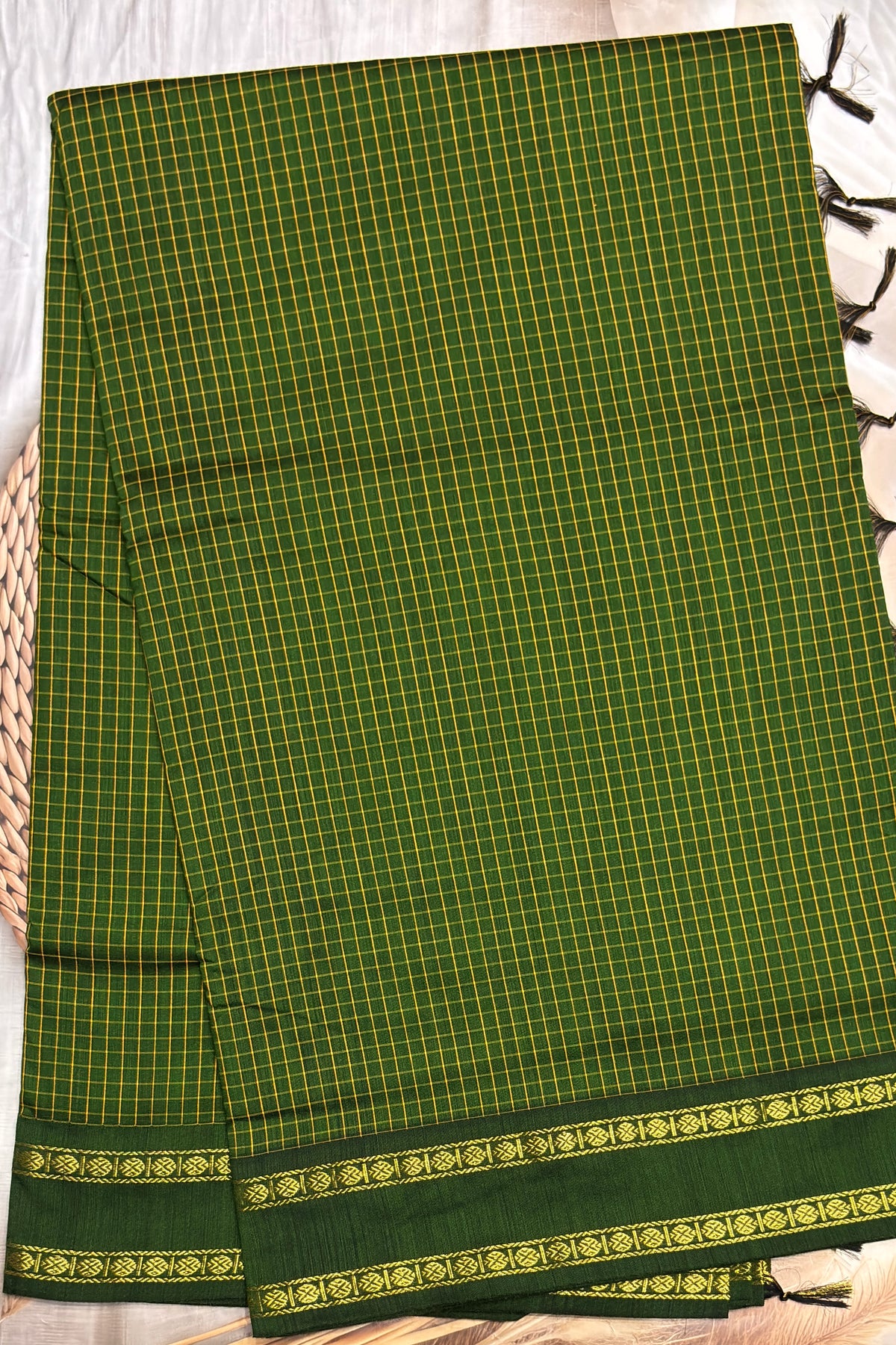 Premium Gadwal Cotton Saree – Vintage  Checks With Rettapet Border  | Mehendi Green| MGC22