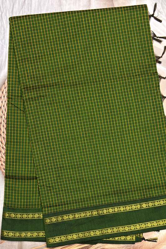 Premium Gadwal Cotton Saree – Vintage  Checks With Rettapet Border  | Mehendi Green| MGC22