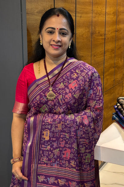 Madhubani Printed Silk | Brinjal Violet |PPS19
