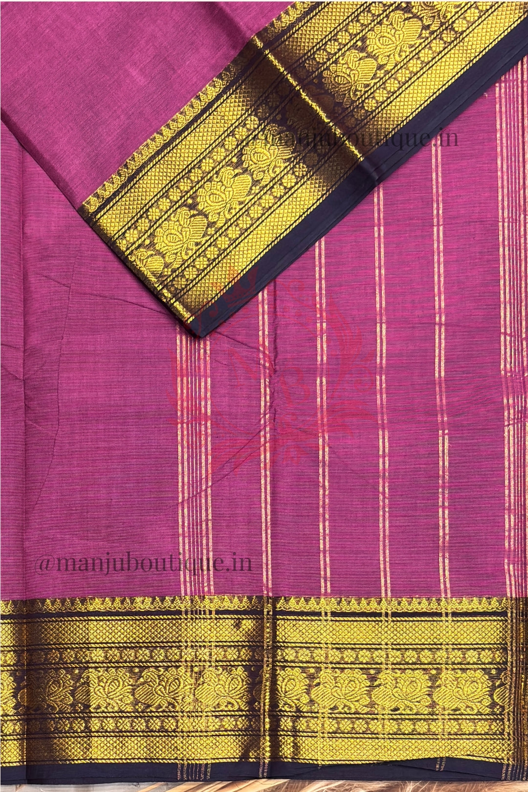 Meenakshi -Premium Kanchi Cotton Saree - Onion Pink With Navy  | MCK119
