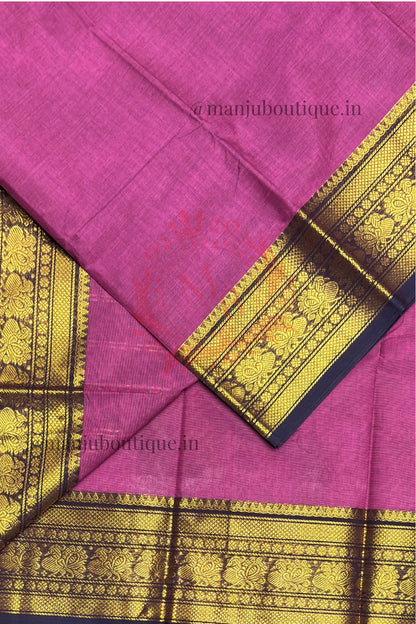 Meenakshi -Premium Kanchi Cotton Saree - Onion Pink With Navy  | MCK119