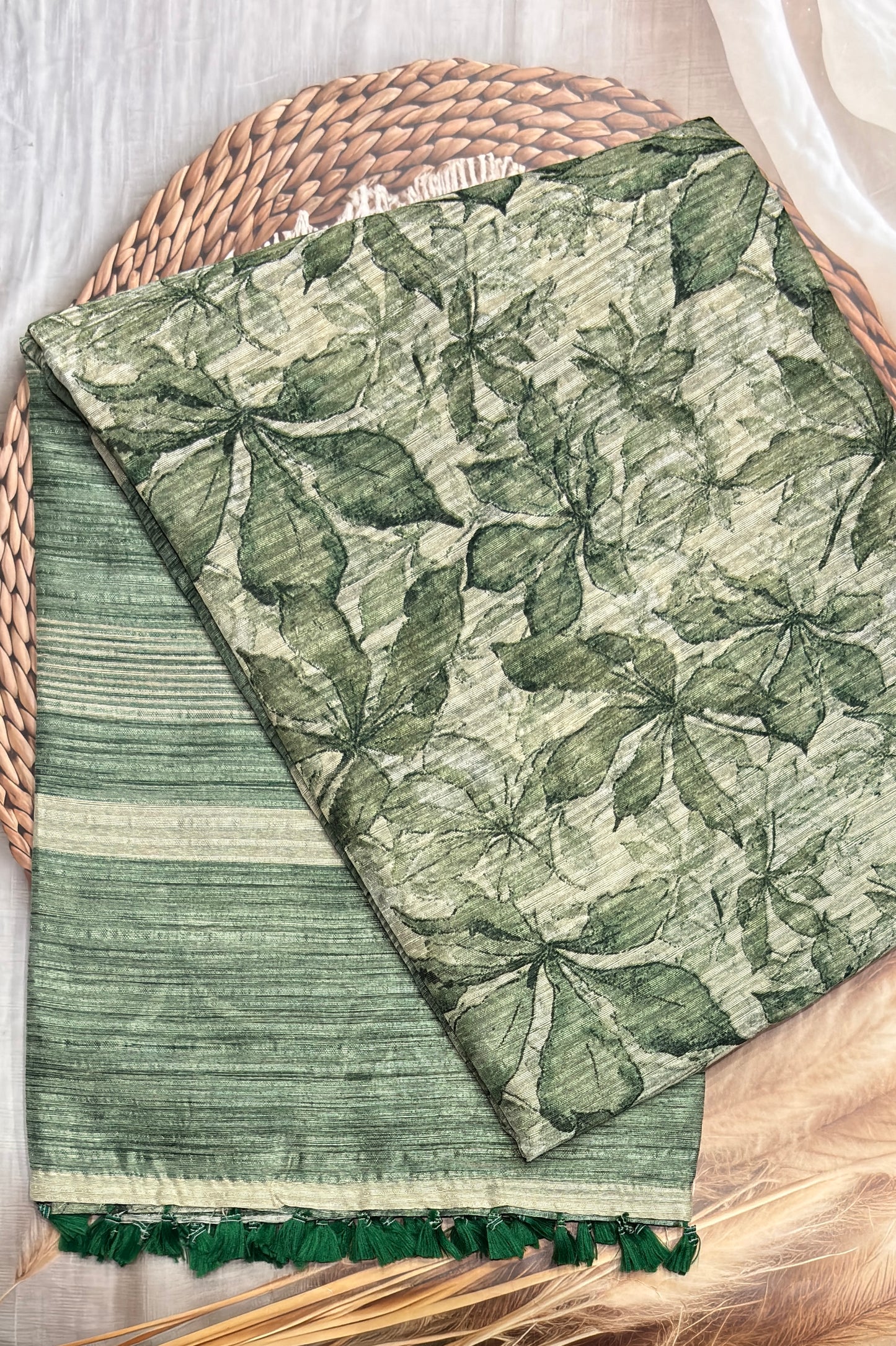 Jute Linen Saree | Sea Green with Cream | MBJL06