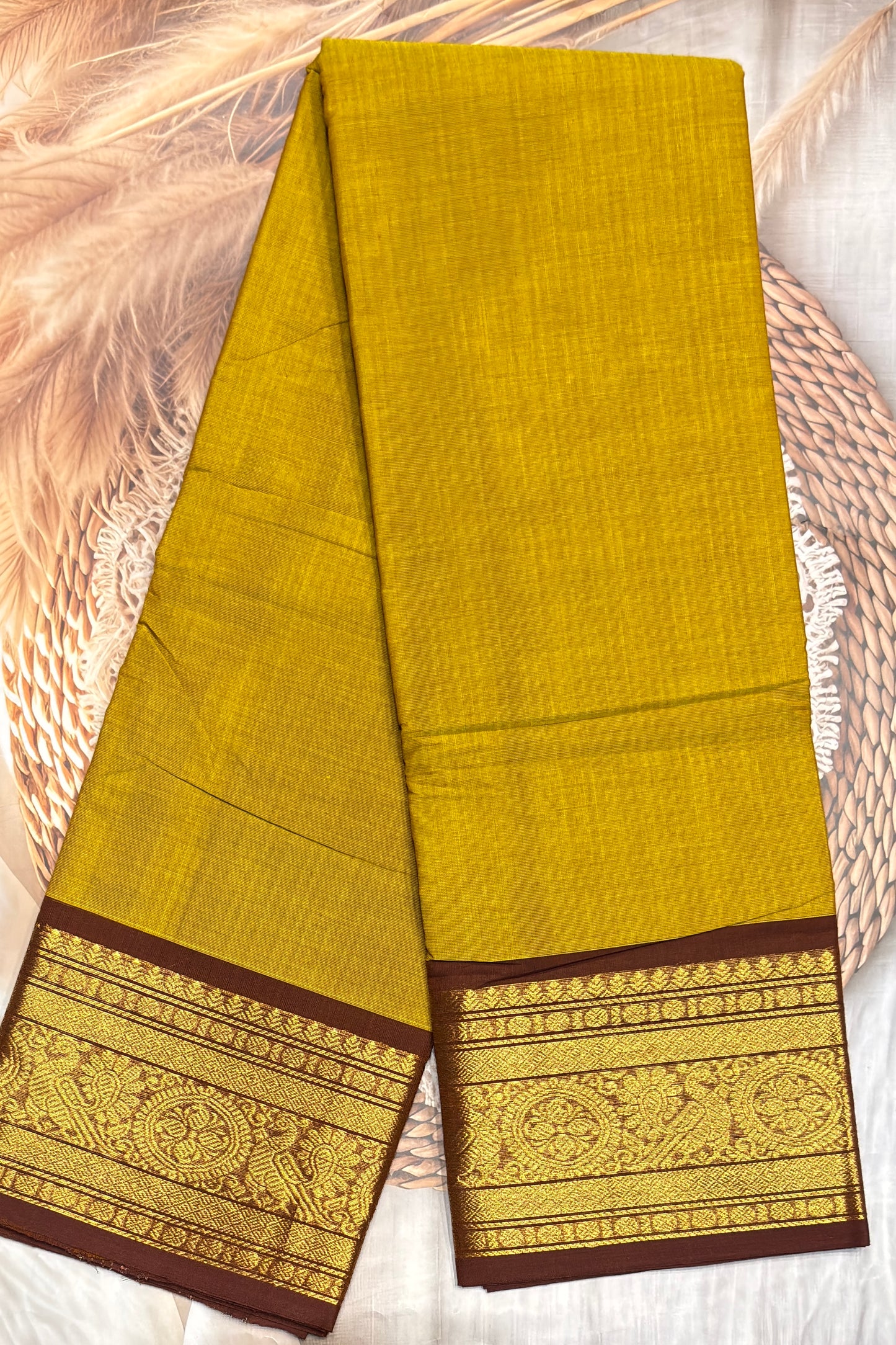 Meenakshi -Premium Kanchi Cotton Saree - Lemon Yellow with Coffee  | MCK118