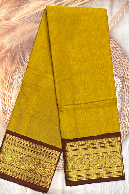 Meenakshi -Premium Kanchi Cotton Saree - Lemon Yellow with Coffee  | MCK118