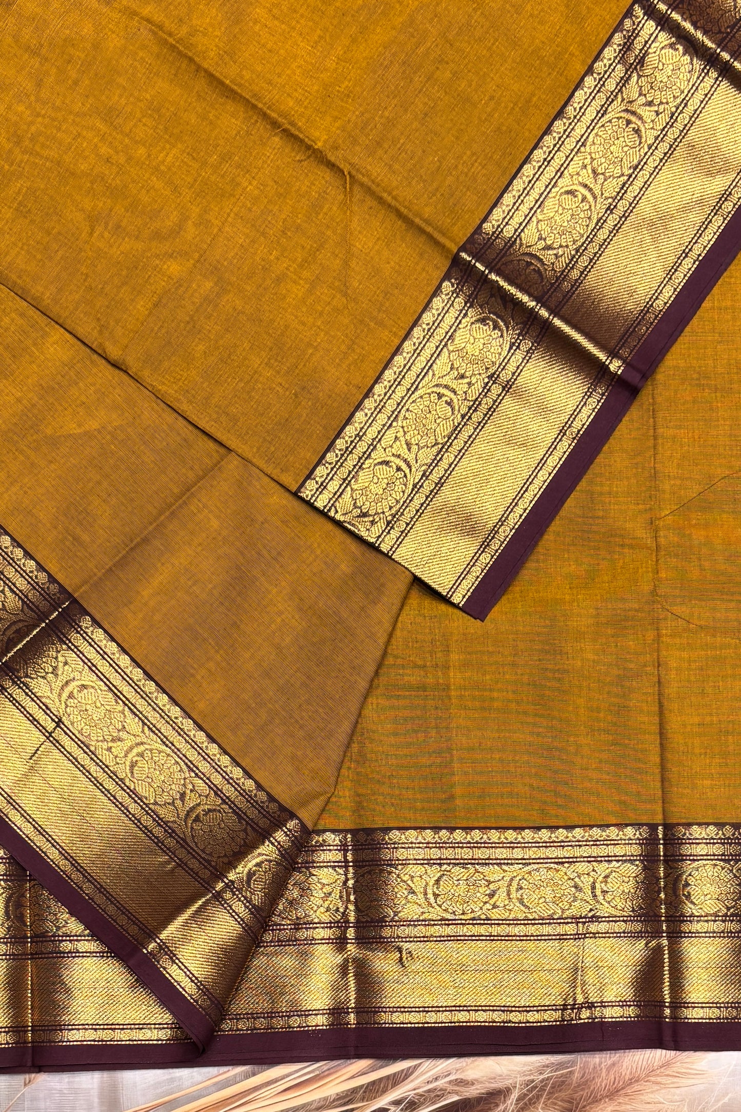Meenakshi -Premium Kanchi Cotton Saree– Mustard With Coffee | MCK65