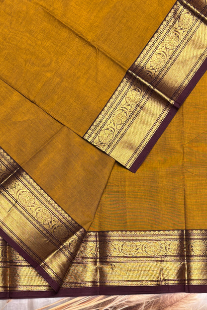 Meenakshi -Premium Kanchi Cotton Saree– Mustard With Coffee | MCK65