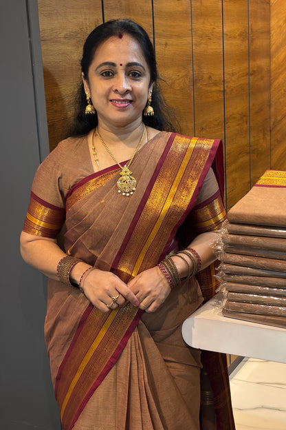 Meenakshi -Premium Kanchi Cotton Saree–Dark Gold With Maroon|MCK51