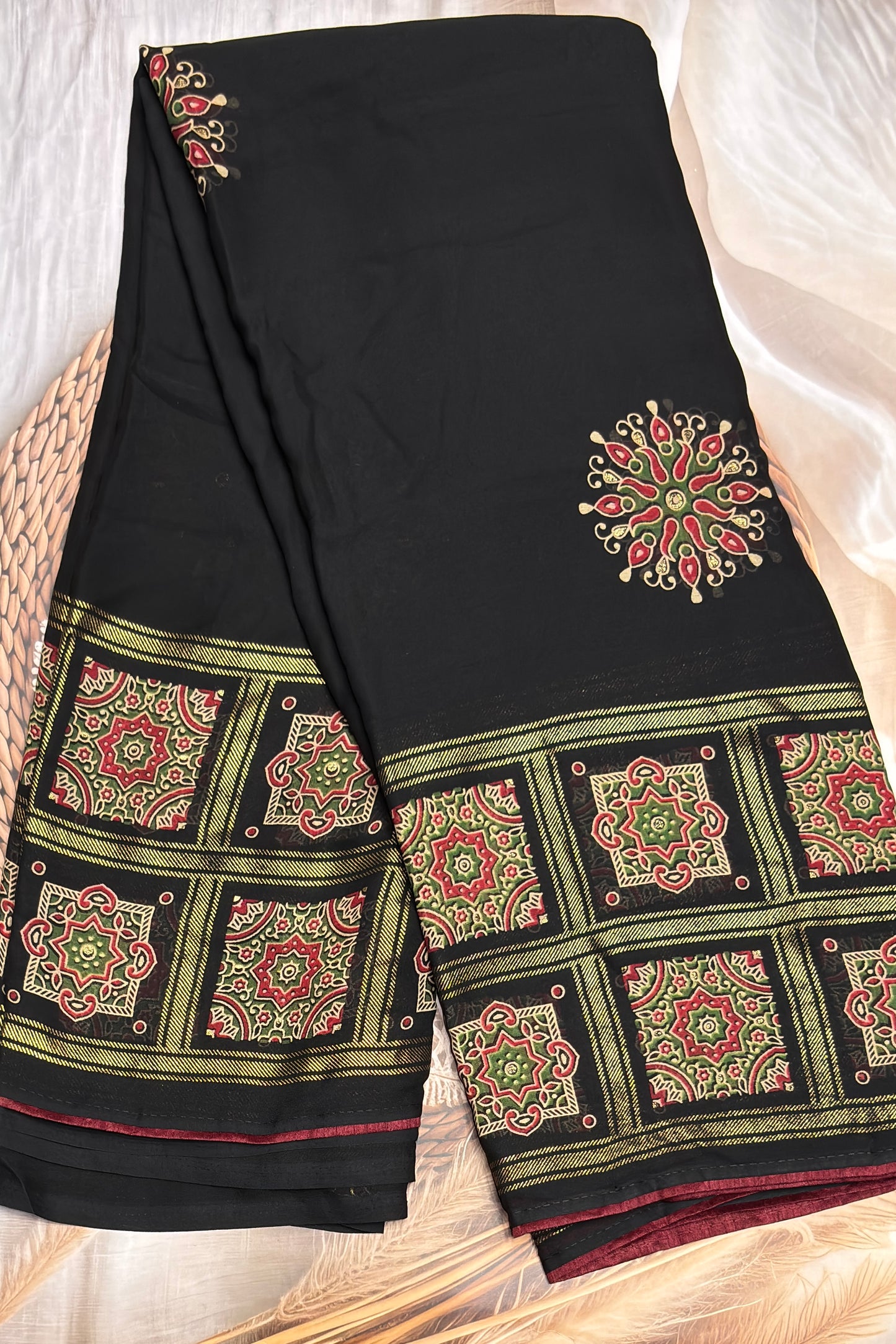 Premium Georgette Saree | Ajrak Foil | Black | MBPG13