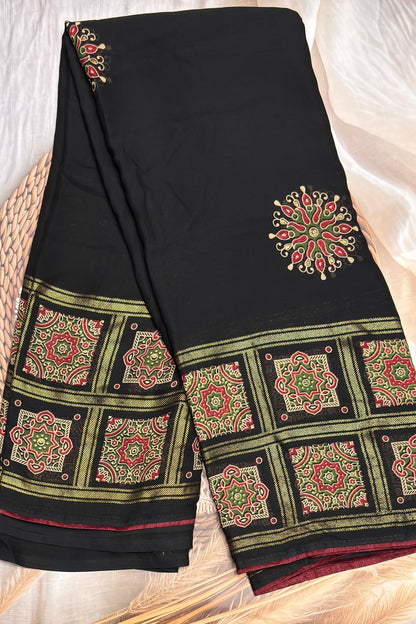 Premium Georgette Saree | Ajrak Foil | Black | MBPG13