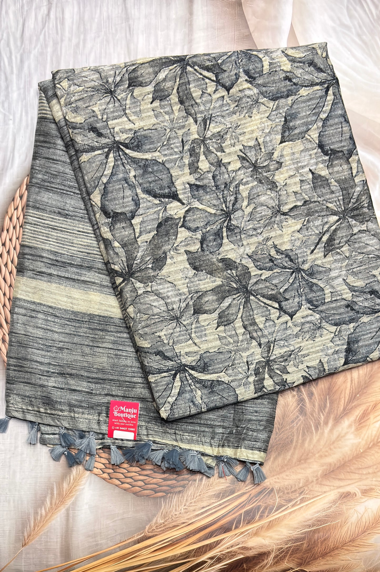 Jute Linen Saree |Grey with Cream | MBJL07