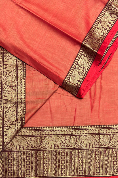 Narayanpet Cotton Saree – Elephant Thread Weave Border with Striped Pallu-MNC09-Peach