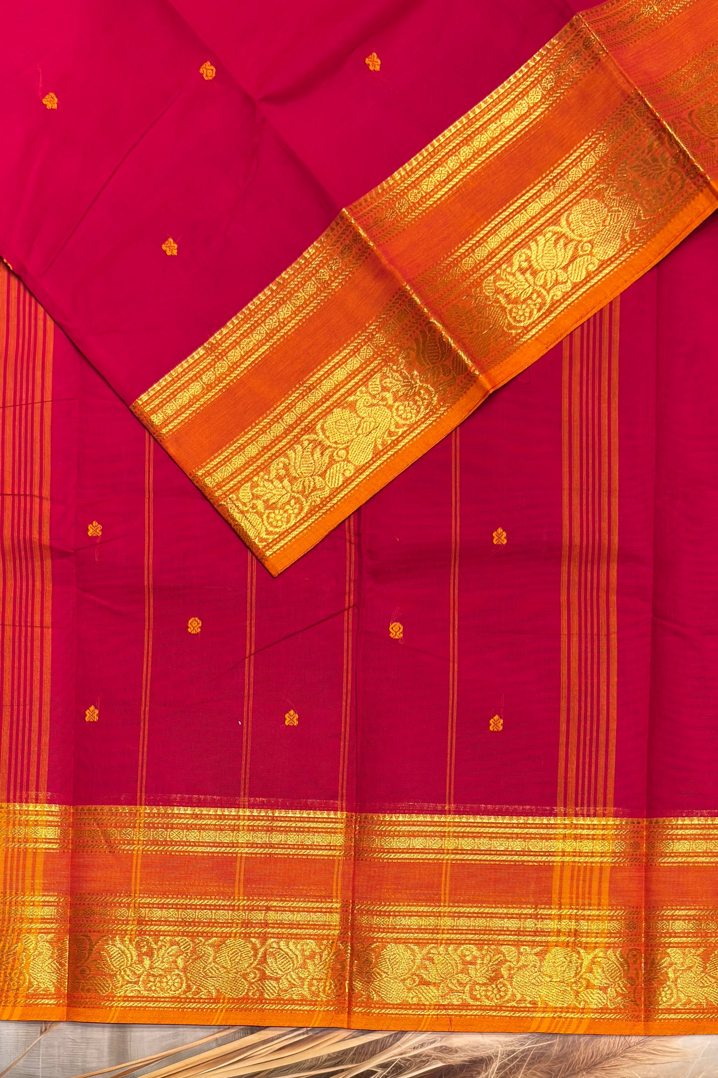 Meenakshi -Premium Kanchi Cotton Saree -Kumkum Rose with  Yellow | MCK116