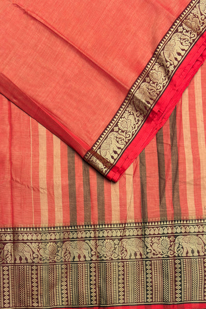Narayanpet Cotton Saree – Elephant Thread Weave Border with Striped Pallu-MNC09-Peach
